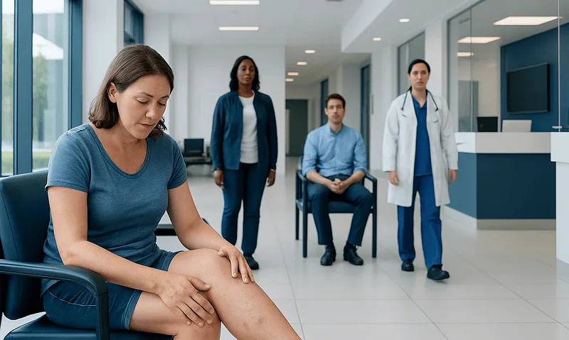 Patient with leg pain consulting with doctors in a hospital corridor.