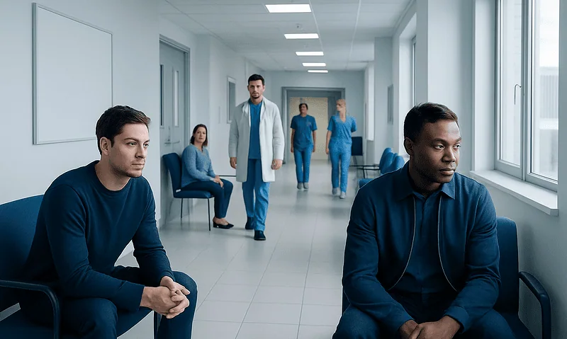 Patients waiting in a hospital corridor with medical staff in the background.