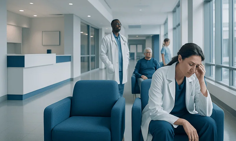 Healthcare professionals in a hospital waiting area, one woman appears stressed.