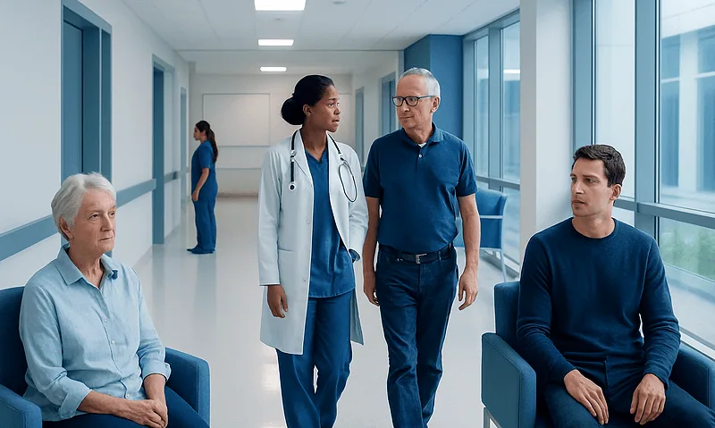 Medical team consulting with elderly patient in hospital corridor.