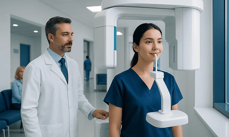 Dental professional conducting X-ray scan on a patient at Acibadem Hospitals.
