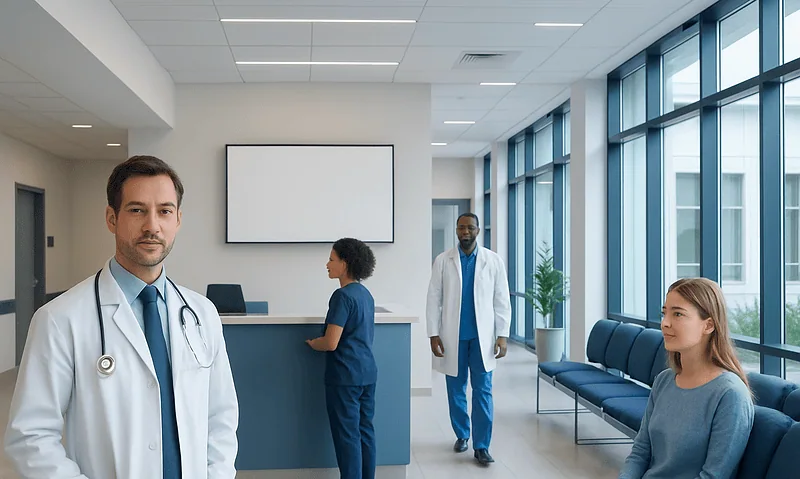 Medical team in a modern hospital waiting area with large windows and seating.