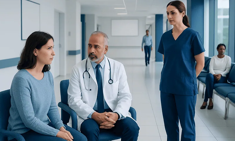 Medical consultation in hospital with doctor and patients.