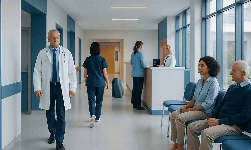 Hospital corridor with medical staff and patients waiting.