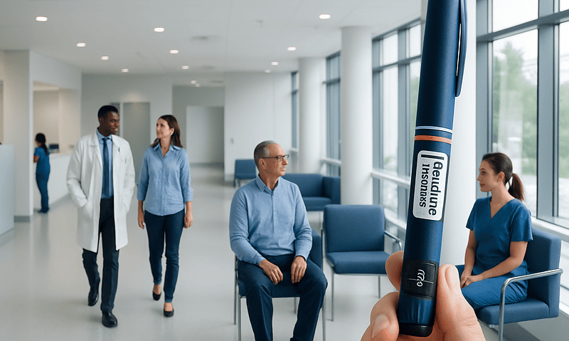 Medical professionals and patient in a hospital waiting area with a large insulin pen in foreground.