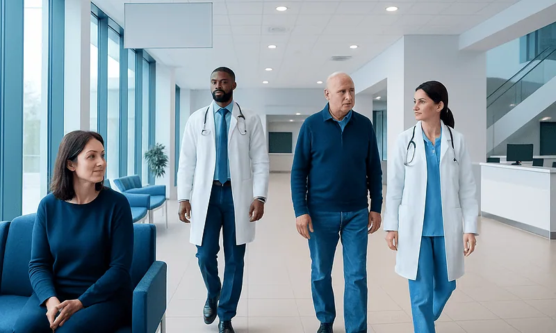 Medical team consulting in a modern hospital lobby.