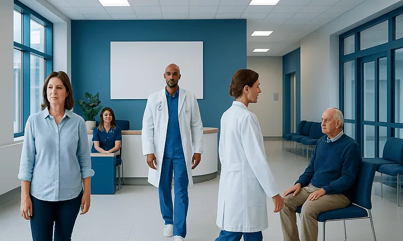 Medical team consulting with patient in hospital corridor.