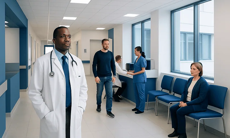 Medical professionals and patients in a modern hospital corridor.