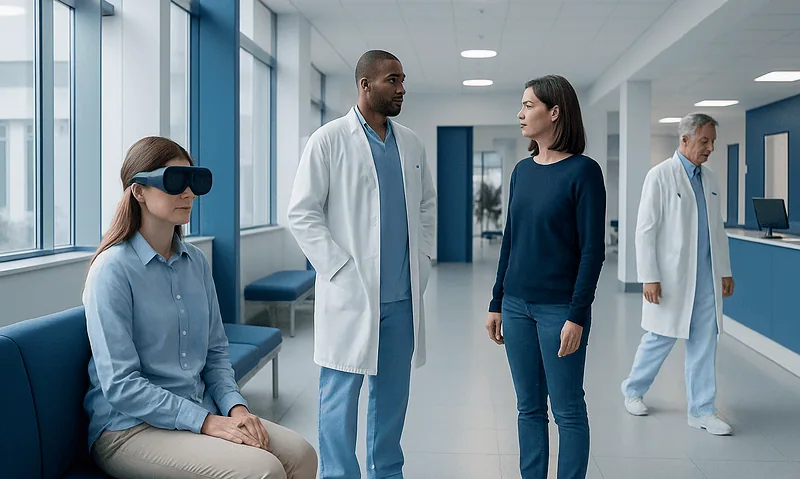 Patient undergoing eye exam with virtual reality device at hospital.