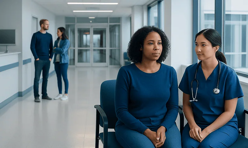 Patient consulting with nurse in hospital corridor for health advice.
