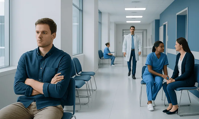 Patient waiting in a hospital corridor with medical staff and other patients.