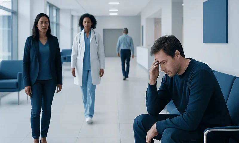 Man distressed in hospital corridor with two healthcare professionals nearby.