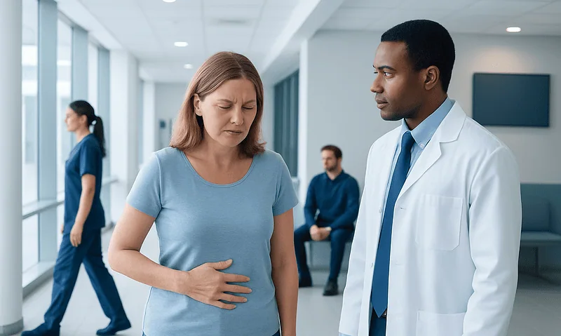 Patient experiencing abdominal pain in hospital corridor with doctor present.