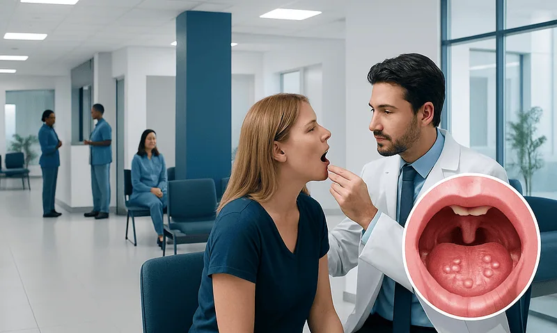 Doctor examines patient's throat for symptoms of throat blisters or infection.