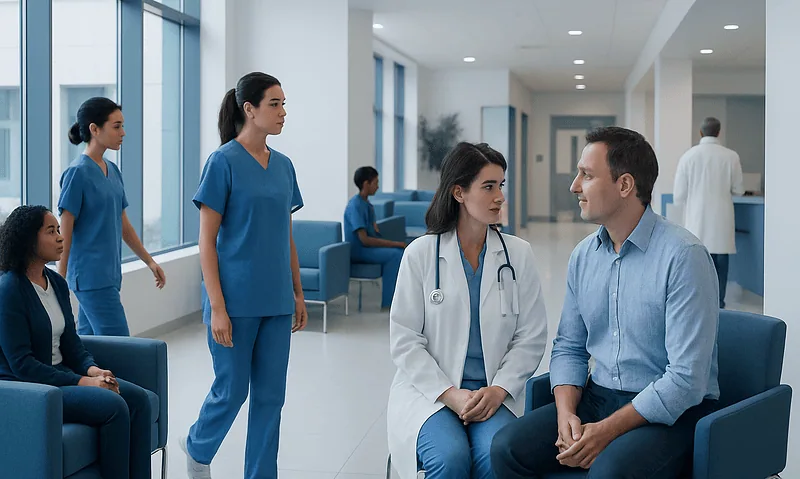 Medical consultation in hospital with healthcare professionals and patient.