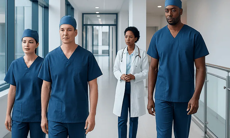 Medical team in hospital corridor wearing scrubs and caps.