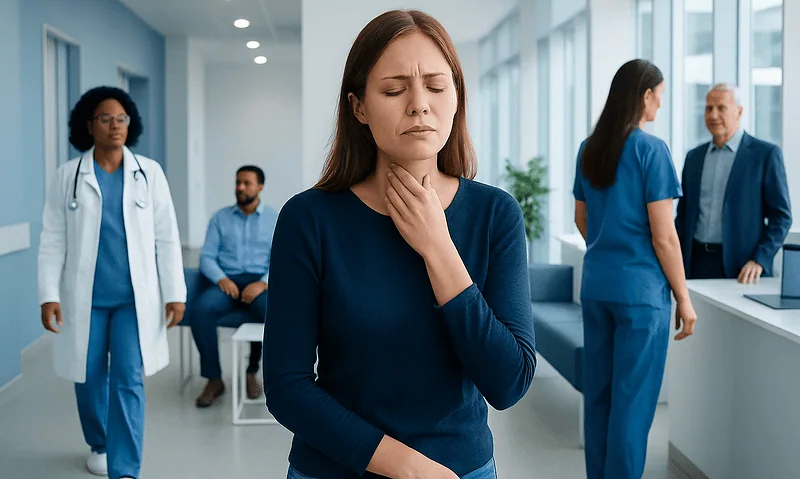 Young woman experiencing sore throat in hospital corridor.