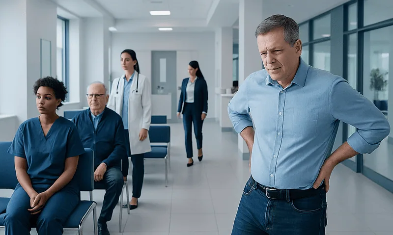 Man experiencing back pain in a hospital waiting area with medical staff nearby.