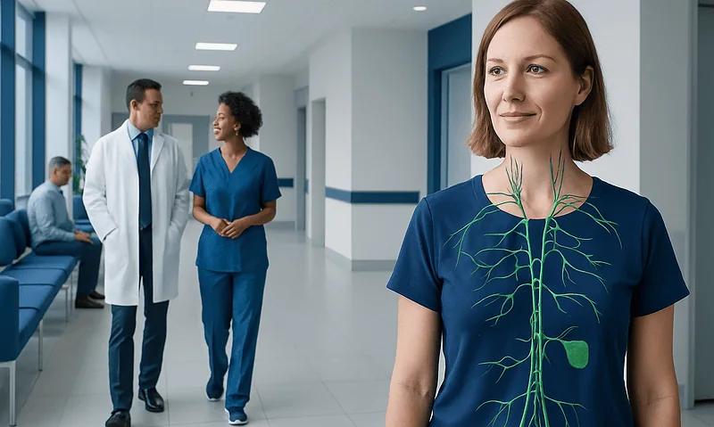 Medical professionals discussing in hospital corridor with lymphatic system diagram.