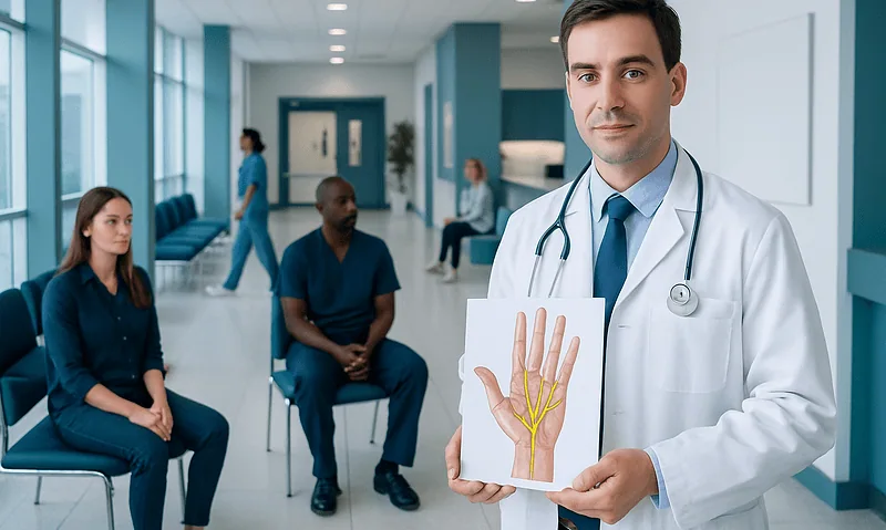 Doctor holding hand nerve diagram in a hospital waiting area.