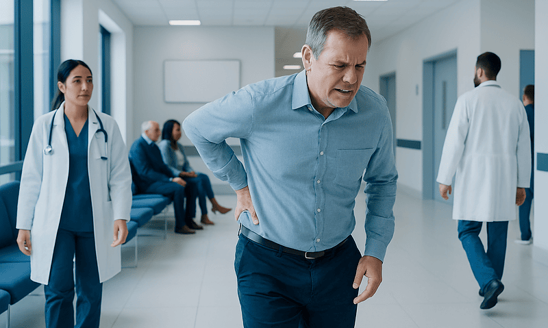 Man experiencing back pain in hospital corridor with medical staff nearby.