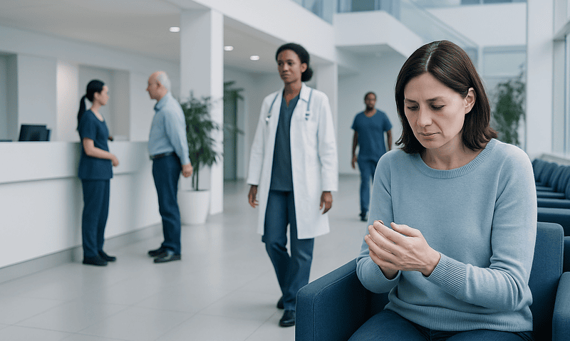 Woman with Raynaud's symptoms in a hospital waiting area.