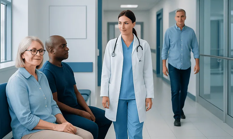 Type 2 diabetes remission Symptoms: Early Signs You Should Not Ignore 6 Healthcare professionals and patients in a hospital corridor.