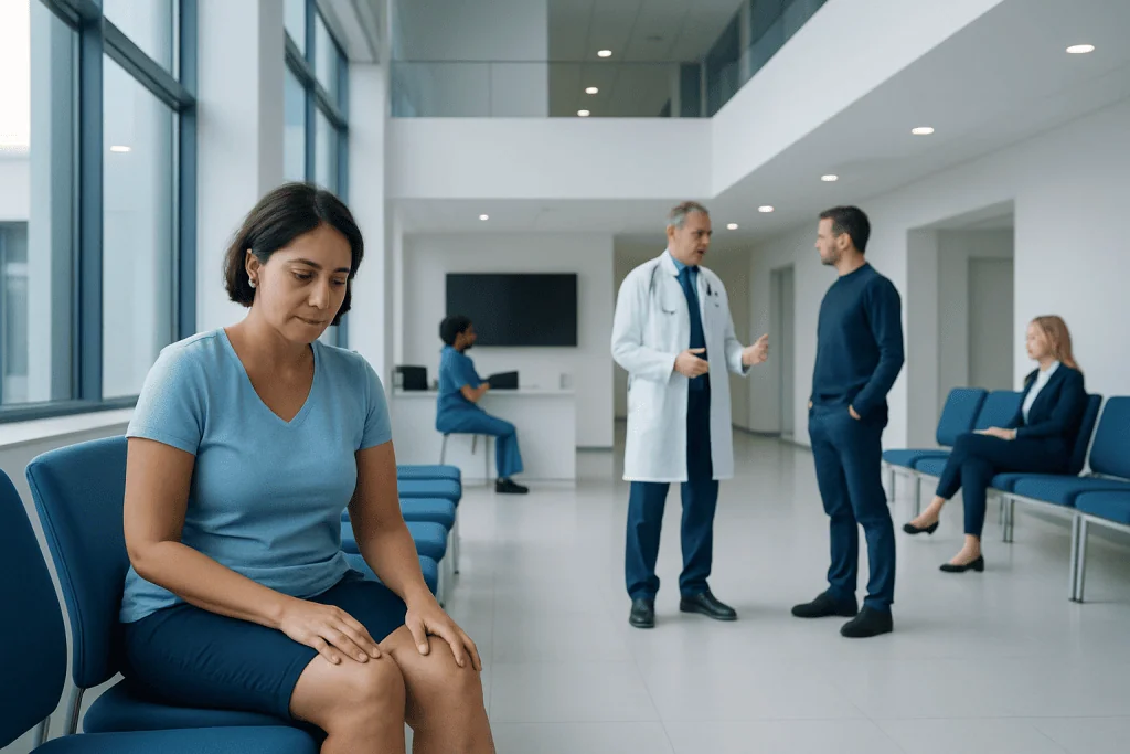 Varicose veins Symptoms: Early Signs You Should Not Ignore 1 Patient waiting in hospital corridor with medical staff and other patients.