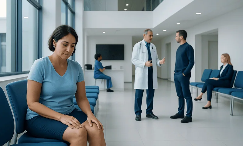 Patient waiting in hospital corridor with medical staff and other patients.