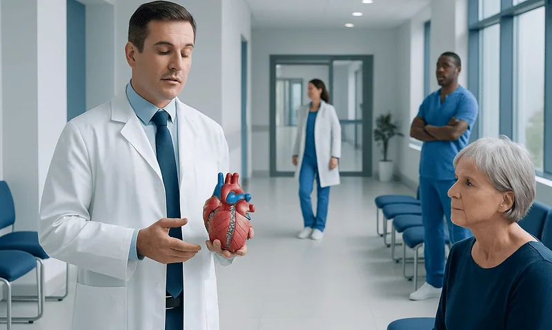 Doctor explaining heart model to patient in hospital corridor.