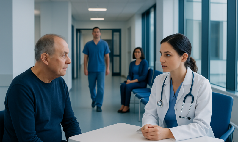 Basal-Cell Carcinoma Medical Procedure: An Evidence-Based Patient Guide 4 Doctor consulting with an elderly patient in a hospital corridor.