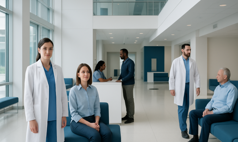 Healthcare professionals and patient in a modern hospital waiting area.