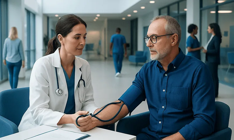 Doctor measuring patient's blood pressure in a hospital setting.