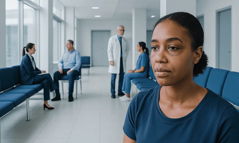 Young woman with brown eyelid in hospital waiting area.