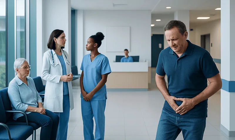 Man experiencing discomfort in hospital corridor with medical staff nearby.