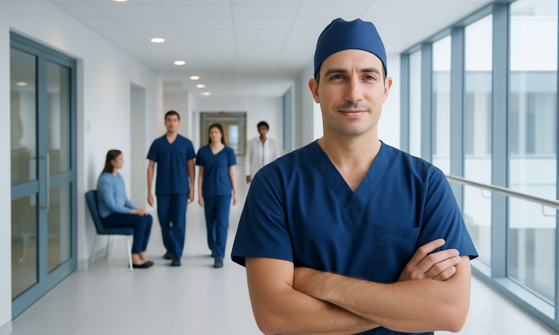 Cardio surgeon with medical team in hospital corridor.