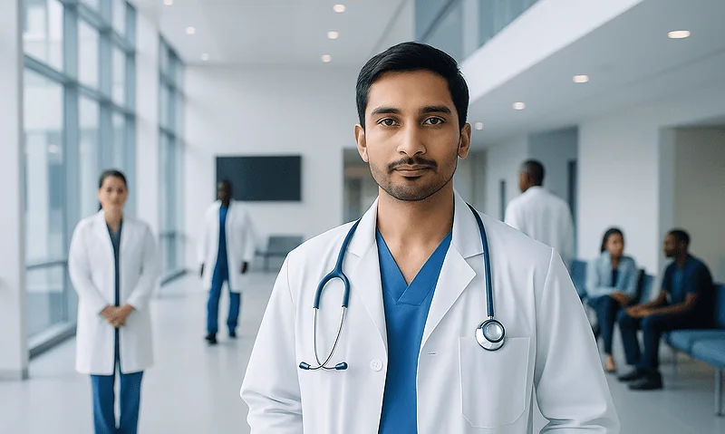 Medical team in hospital corridor with doctor in foreground.