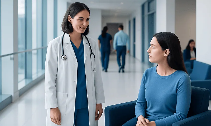 Doctor consulting patient in hospital corridor at Acibadem Hospitals Group.