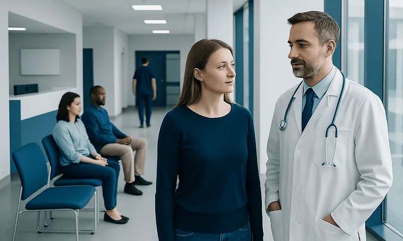 Doctor consulting a patient in a hospital corridor with waiting patients nearby.