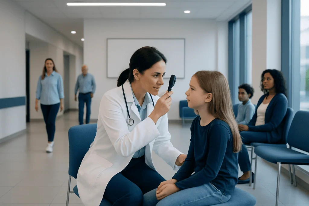 Children's Eye Specialist: An Evidence-Based Patient Guide 1 Pediatric ophthalmologist examining a young girl's eye in a clinic.
