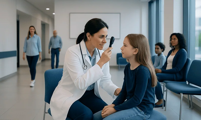 Pediatric ophthalmologist examining a young girl's eye in a clinic.