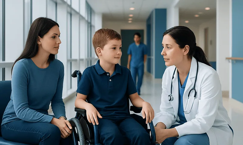 Child in wheelchair with mother and doctor in hospital corridor.