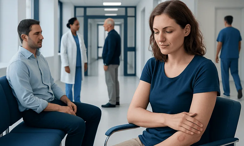 Patient experiencing discomfort in a hospital corridor with medical staff nearby.