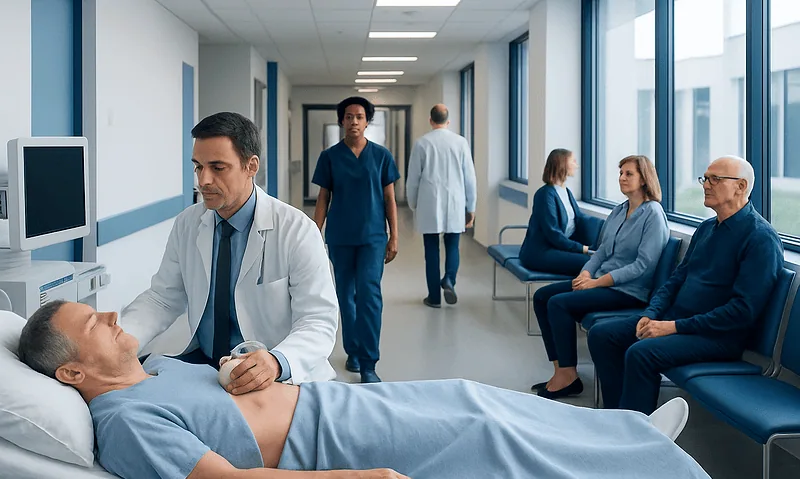 Doctor examining a patient in a hospital corridor with other staff and patients nearby.