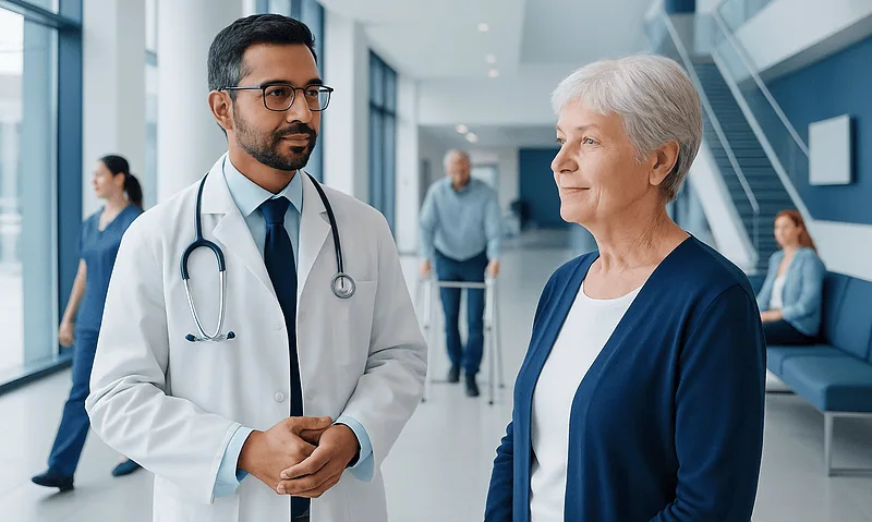Doctor consulting with an elderly female patient in a hospital corridor.
