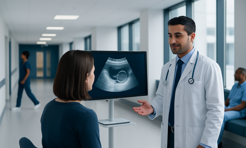 Doctor explaining ultrasound results to a patient in a hospital corridor.