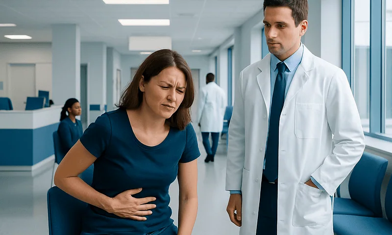 Patient experiencing stomach pain in hospital corridor with doctor nearby.