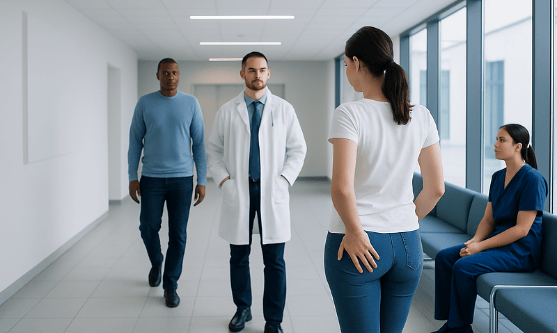 Medical consultation in a modern hospital corridor with diverse staff and patient.
