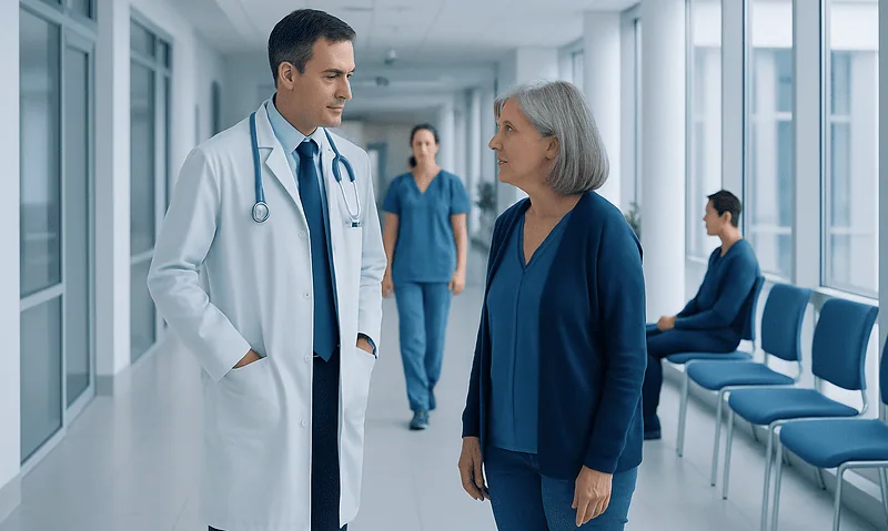 Doctor talking to an elderly woman in a hospital corridor.