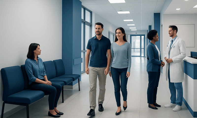 Patients and medical staff in a modern hospital corridor in Turkey.